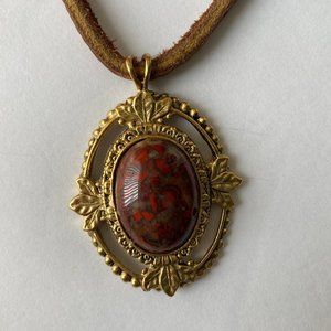 Leather Corded Statement Pendant Gold Rust Stone